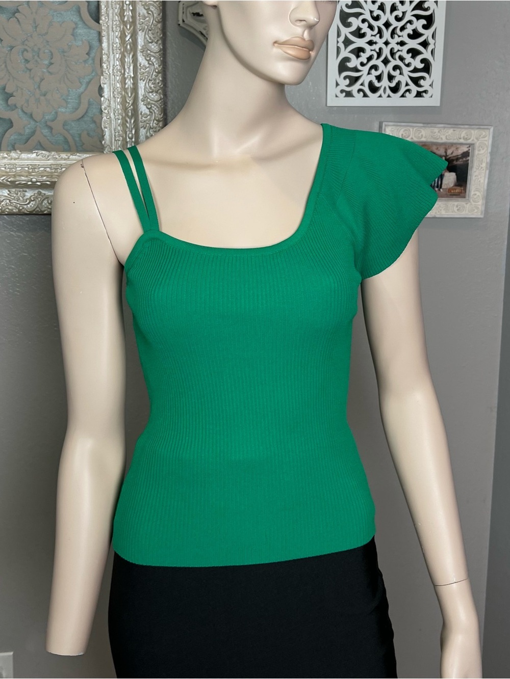 Green One-Shoulder Ruffle Knit Top - Picture 6 of 12